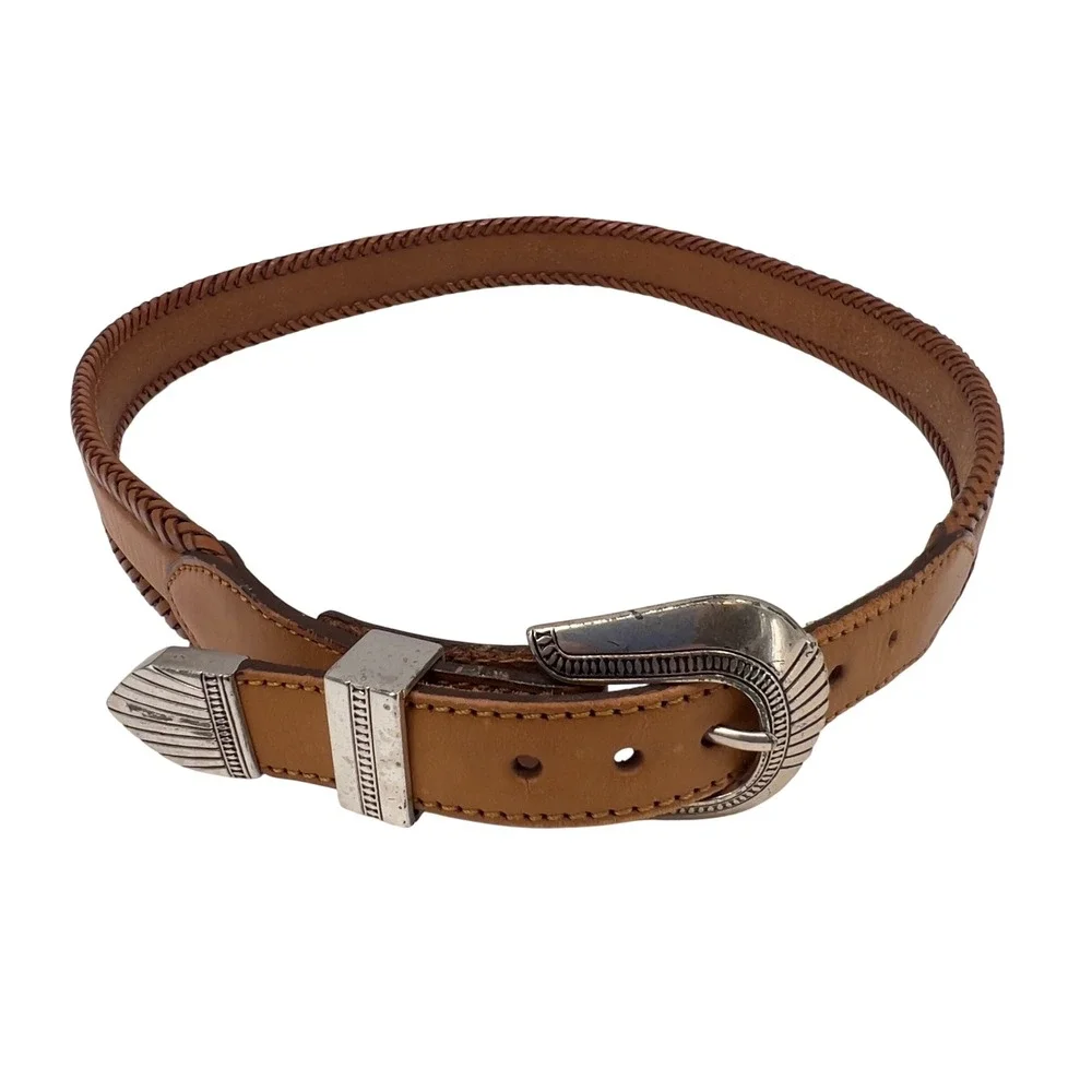 Vintage 1991 Mens Western Leather Belt Braided Edge Silver Engraved Buckle 38